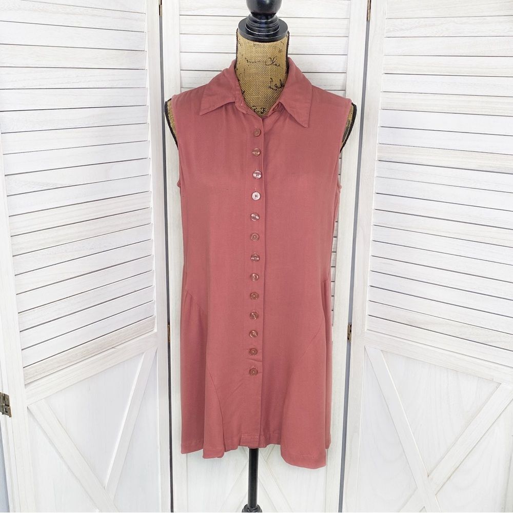 Simply Noelle Sleeveless Button Front Split Seam Tunic Shirt Mauve Pink Small